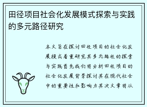田径项目社会化发展模式探索与实践的多元路径研究