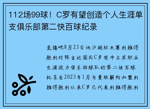 112场99球！C罗有望创造个人生涯单支俱乐部第二快百球纪录
